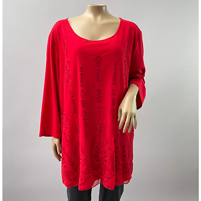 #ad Catherines Top Women 2X Red Mesh Embroidered Blouse 3 4 Sleeve Stretch Casual $25.00