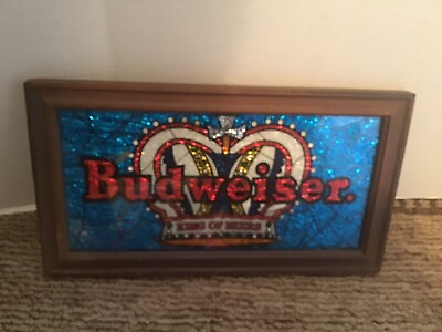 Vintage Budweiser King Of Beers Foil Crown Faux Stained Glass Bar Bud Beer Sign $24.99