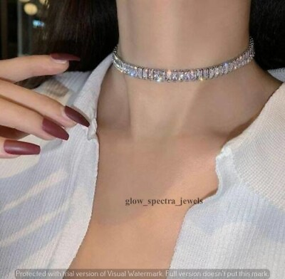 #ad 20Ct Emerald Simulated Diamond Tennis Choker Cute Necklace 14K White Gold Plated $300.00