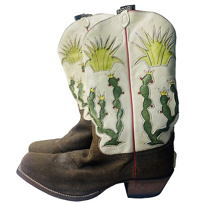 #ad JUSTIN 70’s Vintage Distressed Suede Cactus Inlay Cowboy Boots RARE 11.5 EE Wide $185.00