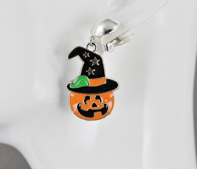 #ad Clip On earrings halloween pendant pumpkin jack o lantern witch hat 1 3 4quot; long $13.99