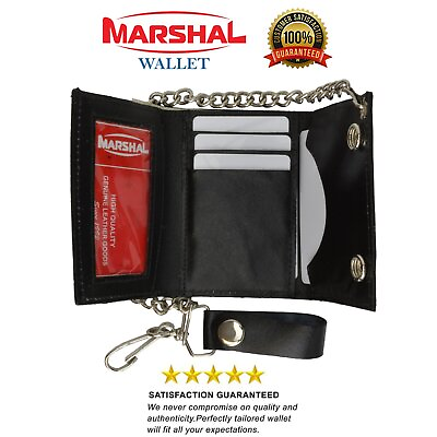 #ad Marshal Genuine Leather Men#x27;s Trifold Wallet with Chain Biker Trucker Black $12.99