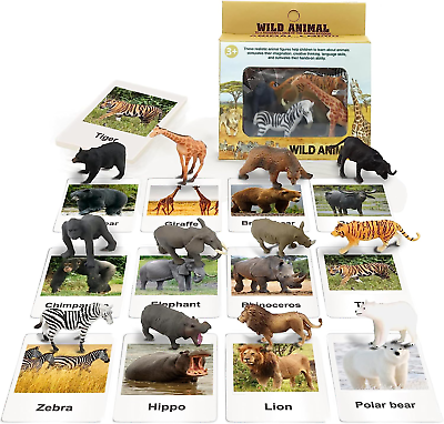 #ad 12 Safari Animals Figures Toys with 12 Flash Cards Realistic Mini Jungle Animal $16.59