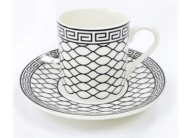 #ad Bone China Espresso Turkish Coffee Set of 6 Cups Saucers Net Design Black $31.95