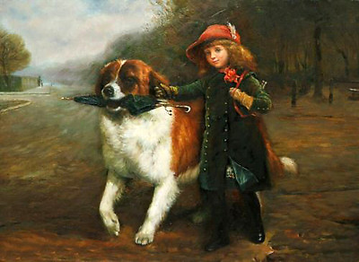 #ad Oil painting lovely little girl with her friend dog holding Umbrella canvas 36quot; $69.29