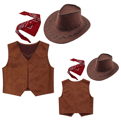 #ad Kids Cowboy Wild West Costume Fancy Dress Western Vest Felt Hat with Bandanna $16.39