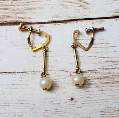 #ad Vintage Screw On Earrings Gold Tone Bar amp; Faux Pearl Dangle Some Damage $6.99