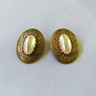 #ad Vintage Gold Tone Faux Pearl Cabochon Oval Earrings Clip On Domed $12.00