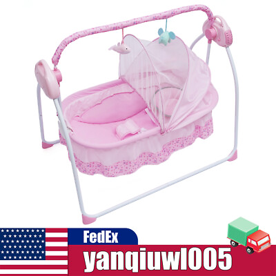 #ad Pink Electric Baby Crib Cradle Auto Swing Baby Newborn Bed Sleep Cradle Mat $63.65