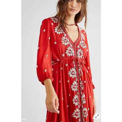#ad Free People Fable Embroidered Red White V Neck Midi Dress M $65.00
