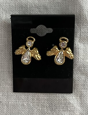 #ad Vintage Signed Avon Angel Rhinestone Stud Earrings Goldtone .75quot; $10.00