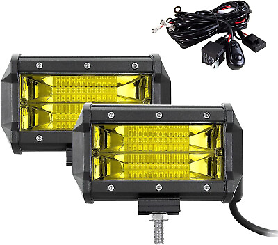 #ad 2PCS Led Light Bar 5 Inch 72W Yellow Flood Beam Fog Driving With Wire Harness $29.99