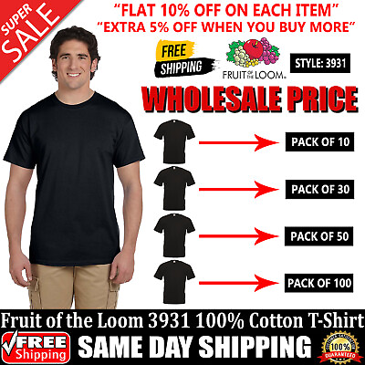 #ad PACK OF 10 30 50 100 FRUIT OF THE LOOM Adult Wholesale Blank T Shirt 3931 $40.22