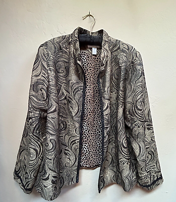 #ad Chico#x27;s Womens Size 3 Jacquard Paisley Open Front Evening Jacket Black Gray $42.64