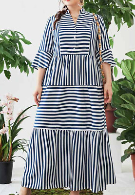 #ad Plus Size Stand Collar Striped Dress Blue $28.99