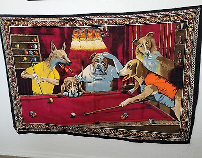 Vintage Pool Tapestry Dogs Playing Billiards Wall Hanging Approx 58X38 Turkey $49.99