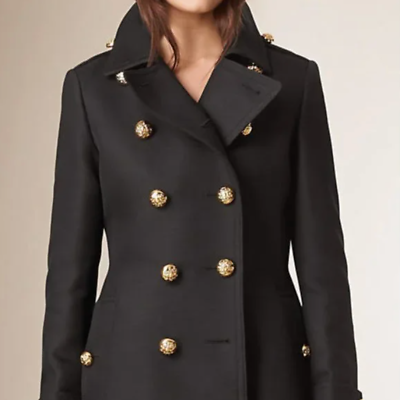 #ad Women#x27;s Burberry Cotton Wool Blend Black Military Coat Gold Button Detail $1600.00