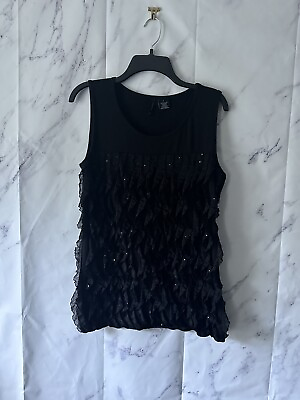#ad NEW DIRECTIONS BLACK RUFFLE SEQUIN SLEEVELESS BLOUSE TOP WOMENS LARGE $14.99