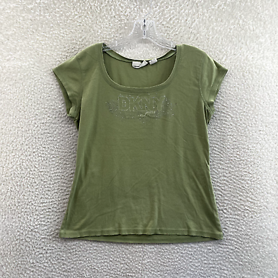 #ad Y2K 2000s DKNY Jeans Matcha Green Knit Logo Studded Scoop Neck Top Womens XL $24.00