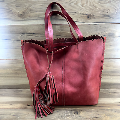 #ad Isabella Fiore Large Red Leather Scalloped Tote Tassel $29.88