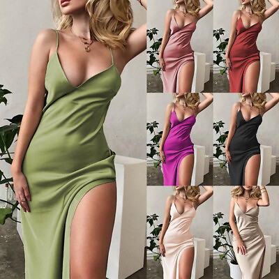 #ad Sexy Women Sleeveless Solid V Neck Bodycon Maxi Dress Summer Cocktail Party Gown $17.94