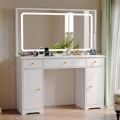 #ad Vanity Desk with Large LED Lighted Mirror amp; Power Outlet Makeup Vanity Table $259.99