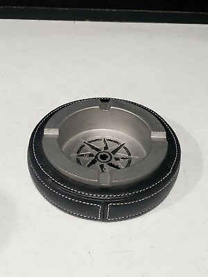 #ad Black Leather Metal Compass NSEW Cigarette Smokers Round 6quot; Ashtray $9.08