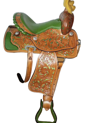 #ad Premium Western Green Leather Horse Tack Saddle All sizes With Set Free Shipping $359.99