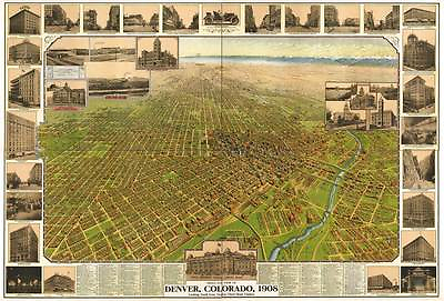 #ad DENVER COLORADO 1908 Vintage City Map Reproduction CANVAS PRINT 36x24 in. $57.72