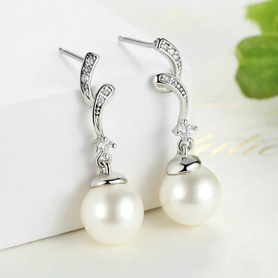 #ad Women Elegant 925 Silver Drop Earrings White Pearl Jewelry Engagement Gifts C $2.91