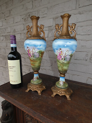 #ad Antique pair porcelain Brass romantic cherub decor vases caryatid handles $422.50