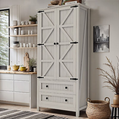 #ad 64.5quot; Tall Kitchen Pantry Storage Cabinet Cupboard with Barn Doors amp; 2 Drawers $159.99