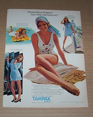 #ad 1970 print ad Tampax tampons feminine hygiene GIRL dancing beach shopping AD $6.99