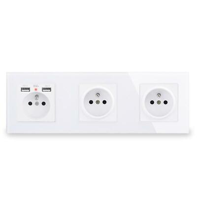 #ad LED Wall Socket 16A 2 5 Gang French Standard Dual USB Soft Glass Panel Outlet $67.07