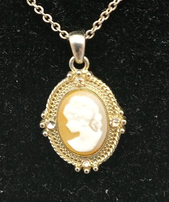#ad Cameo Left Facing Rhinestone Faux Coral Gold Tone 18quot; Necklace Vintage Estate $15.99