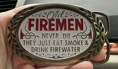 #ad Vintage Amico Buckles 1980 Brass Old Firemen Never Die Eat Smoke Belt Buckle $19.99