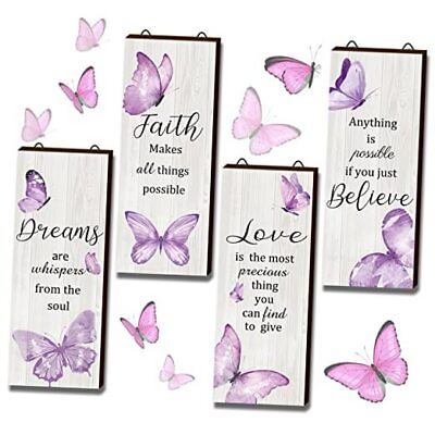 #ad 4 Pcs Dreams Faith Love Believe Wall Decor Elegant Butterfly Wooden Fall Purple $23.62
