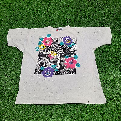 #ad Vintage Geometric Abstract Bloom Art Shirt Women L Short 23x25 White Edgy Style $58.45