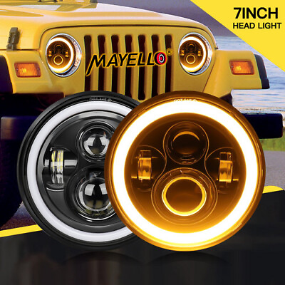 #ad Pair 7quot; Inch Round LED Headlights Halo Angle Eyes For Jeep Wrangler JK LJ TJ CJ $26.99