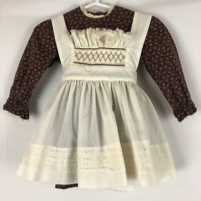 #ad VTG Handmade Pinafore Dress Brown Dress With Flowers and Smocked Pinafore 12 mo. $34.99