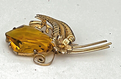#ad Superb Vintage Gold Wash Sterling Flower Brooch with Huge Citrine Color Glass $130.00