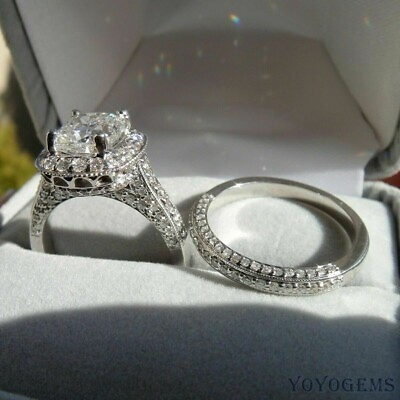 #ad Solid 14K White Gold 3 Carat Cushion Cut Moissanite Bridal Set Engagement Ring $234.90