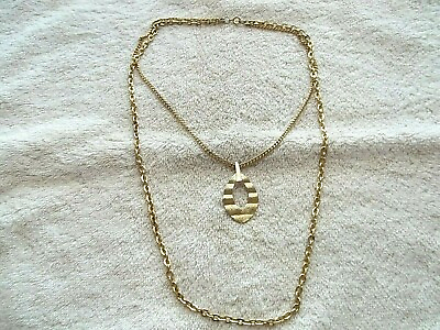 #ad Vintage Gold Tone Metal Pendant Double Chains Oval Textured Pendant $5.00