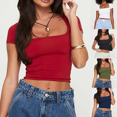#ad Women#x27;s Short Sleeve Crop Top Ladies Square Summer Stretch Plain T Shirt Blouse $19.39