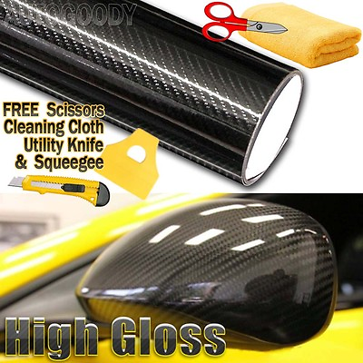 #ad 5D Premium HIGH GLOSS Black Carbon Fiber Vinyl Wrap Bubble Free Air Release 6D $22.88