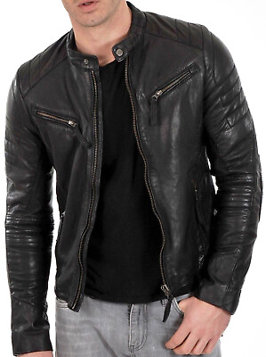 #ad Cafe Racer Leather Jacket Soft Real Sheep Napa Leather Biker Style $69.99