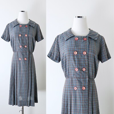 #ad Vintage 1950s John Norman Inc. Double Breasted Shirt Dress Plaid Short Sleeve $70.00
