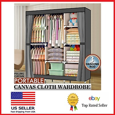 #ad Portable 71quot; Closet Wardrobe Clothes Rack Storage Organizer w Shelf Gray Ships $42.79