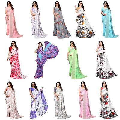 #ad Floral Printed Georgette Saree with Unstitched Blouse Piece KN009 $18.03
