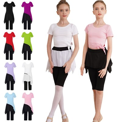 #ad Kids Girls Dance Training Outfit Side Slit Crop Top With Skirted Leggings $17.27